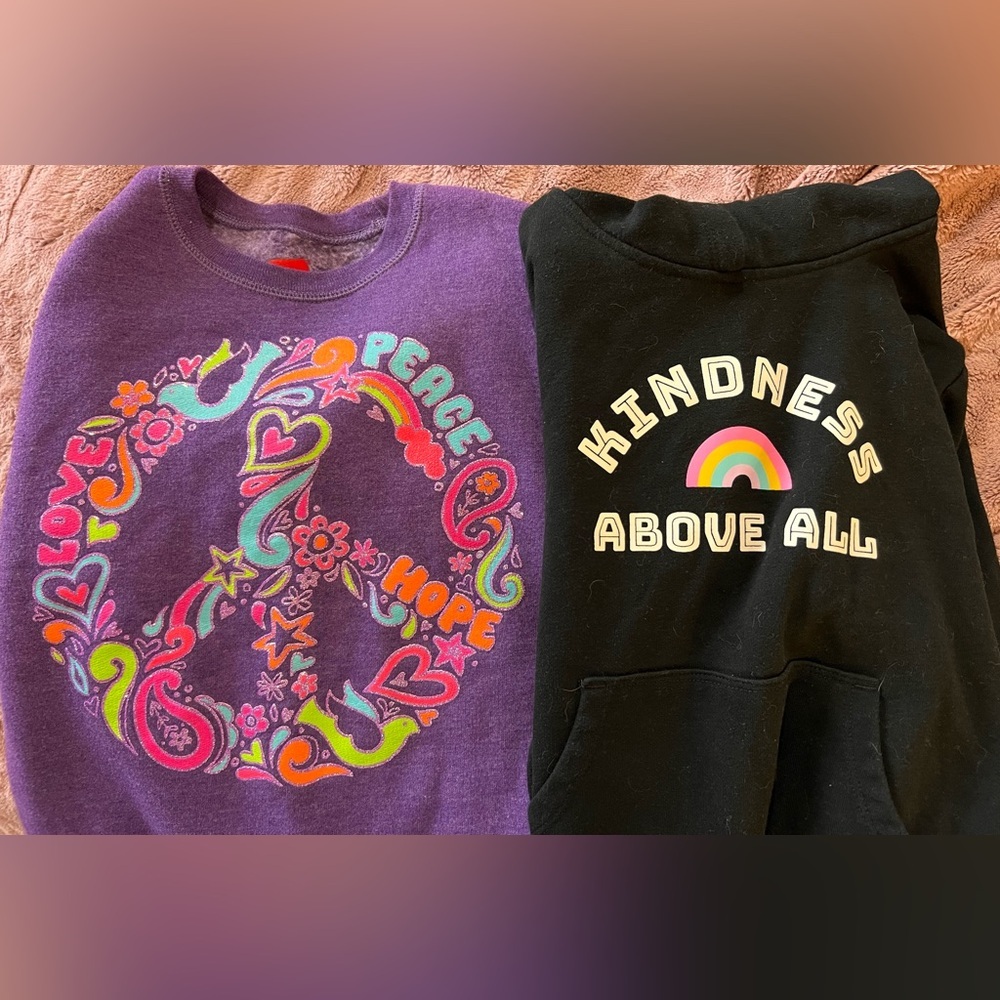 Girls’ Sweatshirt & Hoodie Bundle-Hanes Peace Sign/Cat & Jack Kindness(Size 7/8)